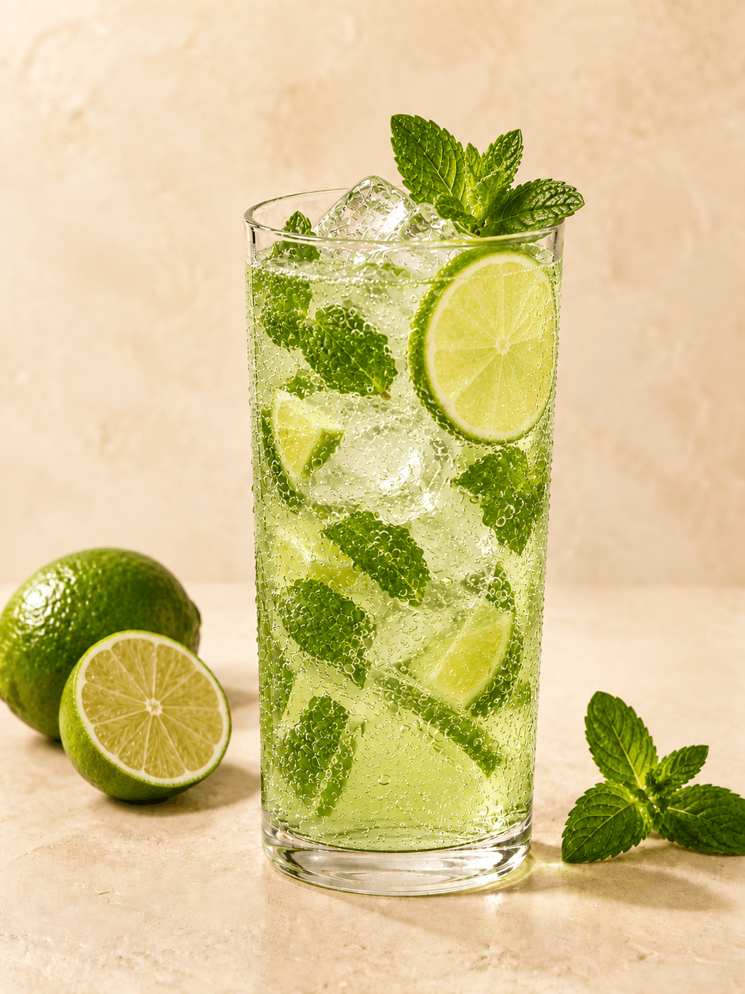 Лаймовый Mojito в высоком бокале со льдом и мятой