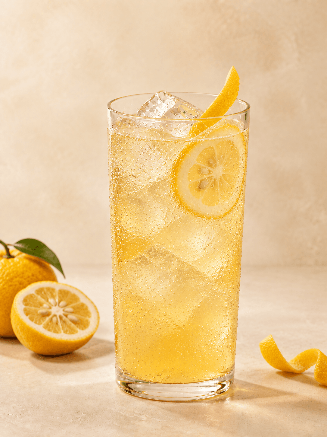 Безалкогольный Yuzu Tonic в высоком бокале со льдом